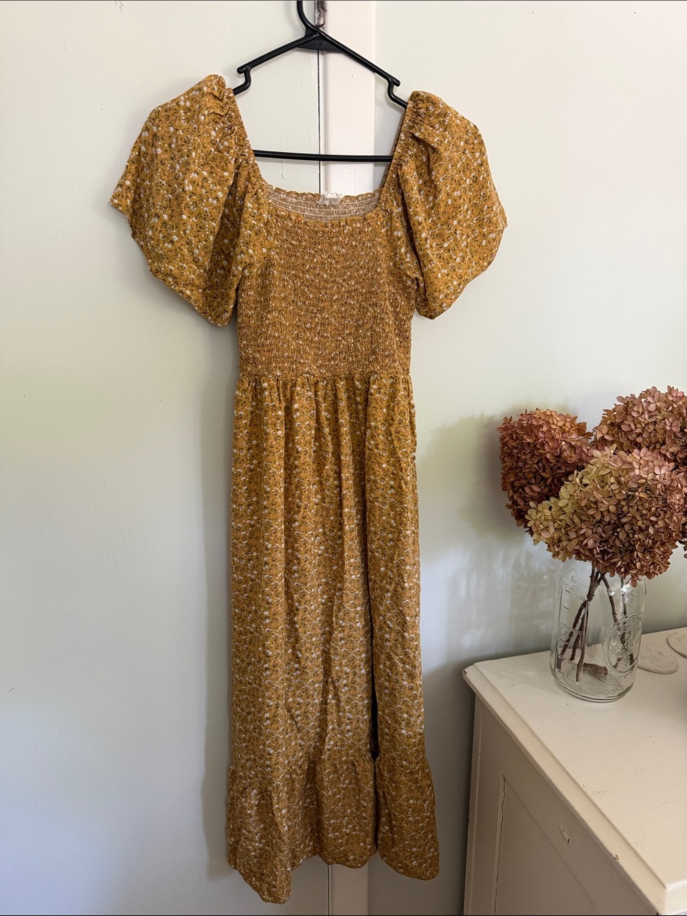Pinkblush Mustard Floral Puff-Sleeve Midi Dress